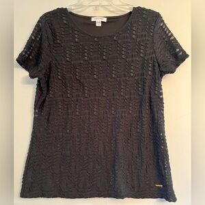 Calvin Klein Black Textured Ribbon Smocked Short Sleeve Top Gold Logo Bar L